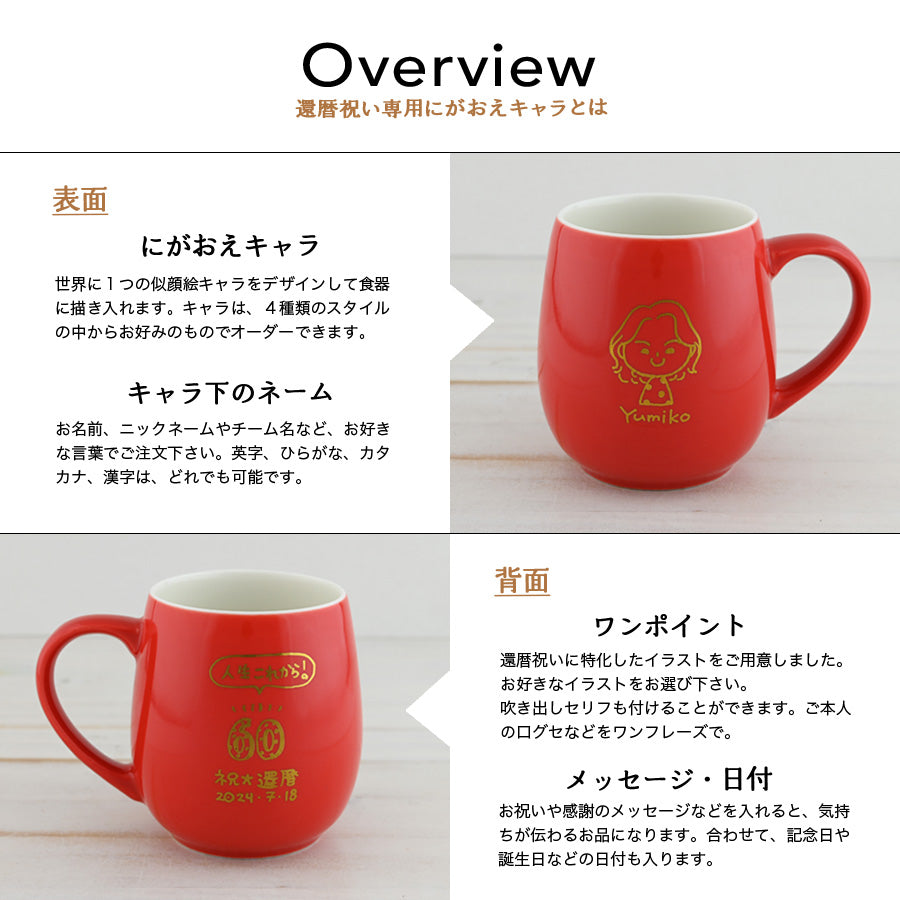 似顔絵入りマグカップ 【還暦専用 にがおえキャラ・ラフランマグ】 誕生日プレゼントにも大好評!(メッセージカード・ギフトBOX付き)