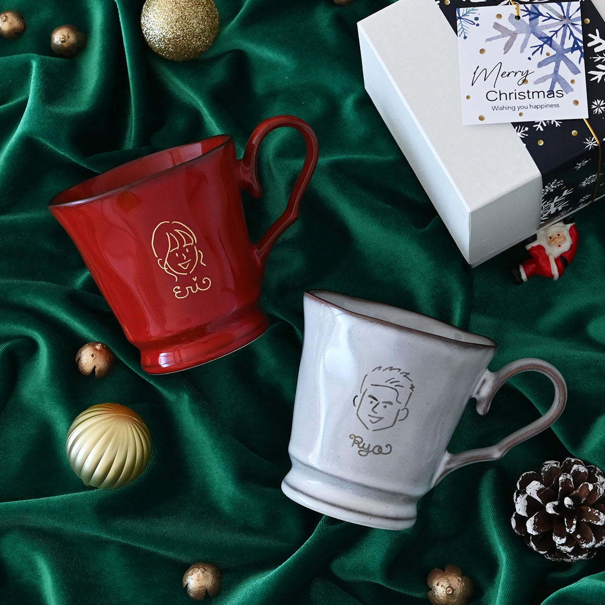 【クリスマス限定】にがおえキャラ・フレンチシャビー*似顔絵ペアマグカップ(2個セット・クリスマス専用ギフトBOX付き) クリスマスプレゼント コーヒーカップ プレゼント 還暦祝い 誕生日 記念日