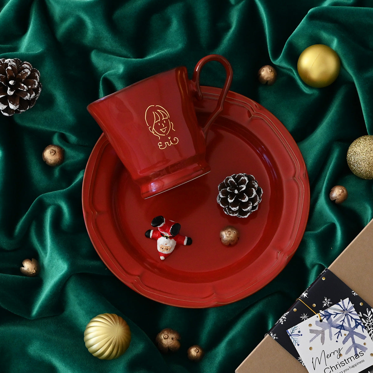 【クリスマス限定】にがおえキャラ・フレンチシャビー*似顔絵マグ&ケーキプレート 食器セット (計2点・クリスマス専用ギフトBOX付き) クリスマスプレゼント コーヒーカップ プレゼント 還暦祝い 誕生日 記念日