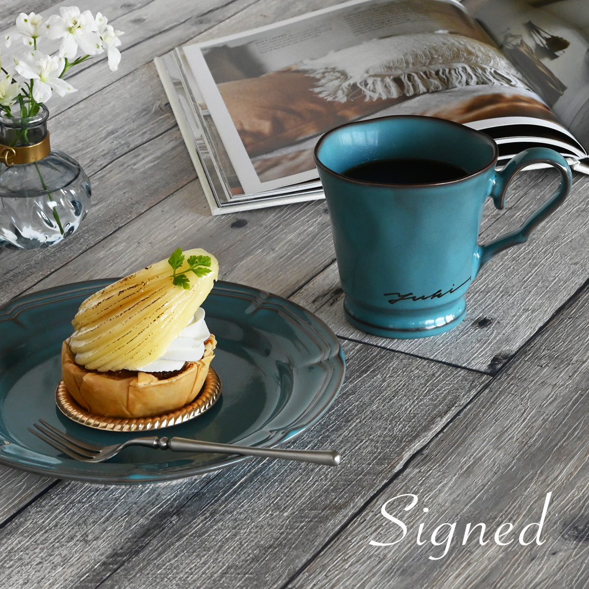 サインド・フレンチシャビー *名入れマグ&ケーキプレート 食器セット(計2点・ギフトBOX付き)クリスマスプレゼント コーヒーカップ 還暦祝い 誕生日 記念日 おしゃれ