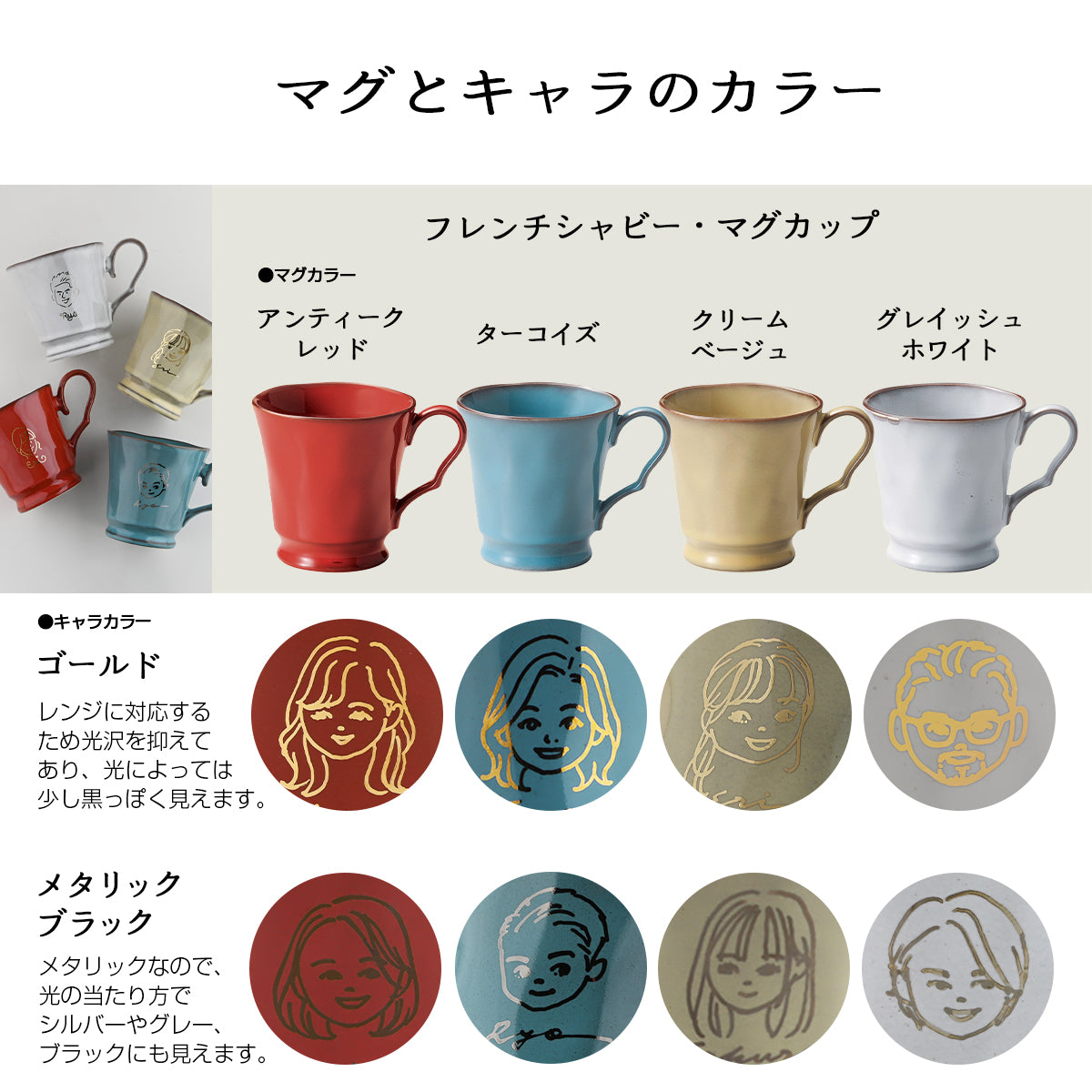 似顔絵入りマグカップ ペア 【にがおえキャラ・フレンチシャビーマグ 2個セット カラー4色】 結婚祝いにも大人気!(メッセージカード・ギフトBOX付き)