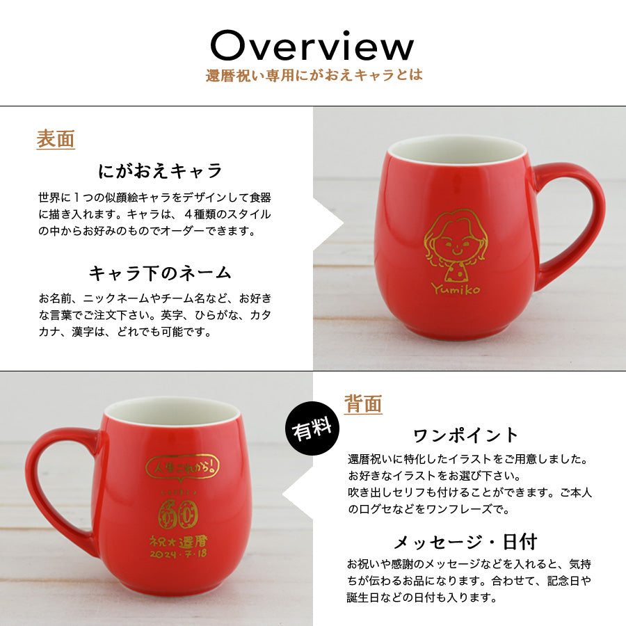 似顔絵入りマグカップ 【還暦専用 にがおえキャラ・ラフランマグ】 誕生日プレゼントにも大好評！（メッセージカード・ギフトBOX付き）