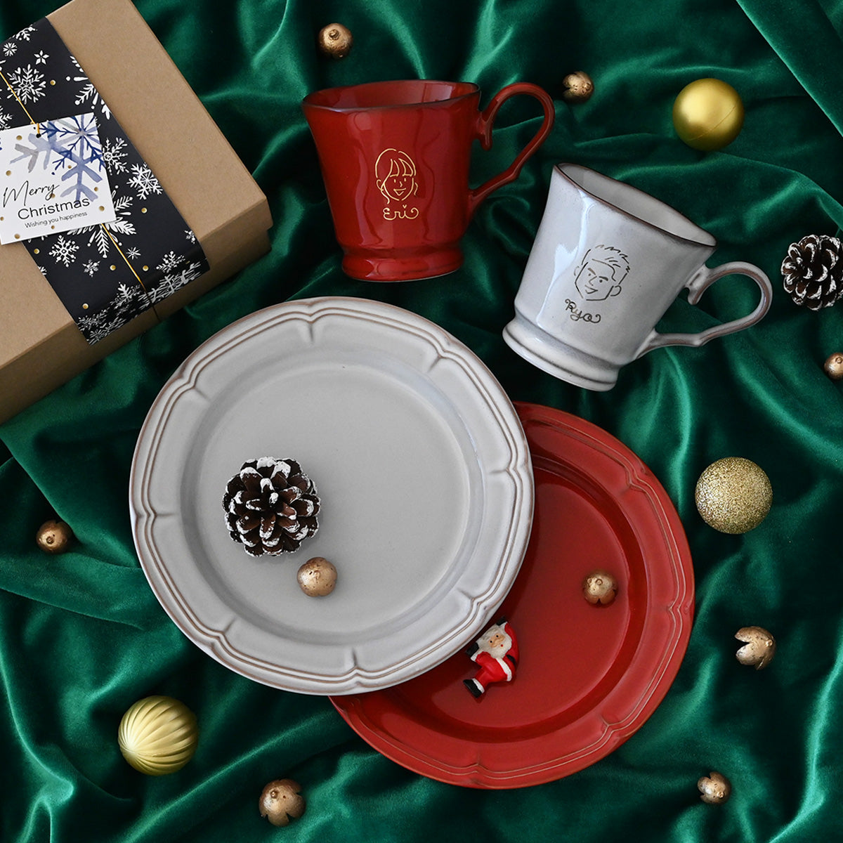 【クリスマス限定】にがおえキャラ・フレンチシャビー＊似顔絵マグ＆ケーキプレート ペア食器セット （計4点・クリスマス専用ギフトBOX付き） クリスマスプレゼント コーヒーカップ プレゼント 還暦祝い 誕生日 記念日