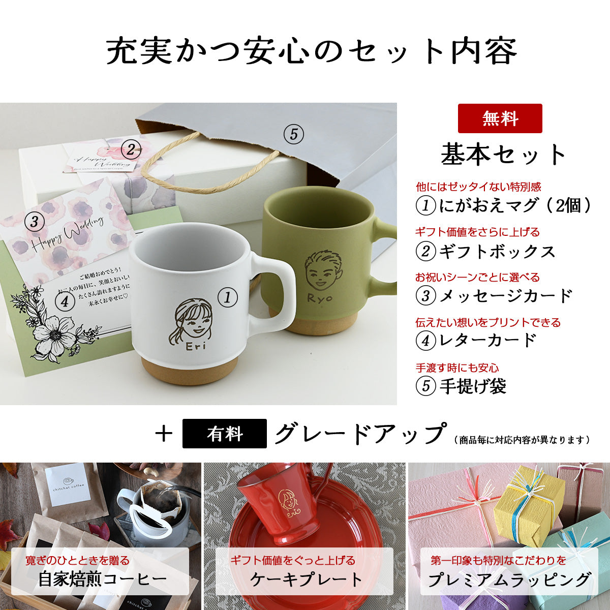 似顔絵入りマグカップ ペア 【にがおえキャラ・クレママグ ２個セット カラー３色】 結婚祝いにも大人気！（メッセージカード・ギフトBOX付き）
